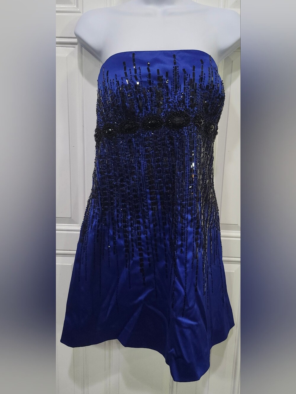 Royal Blue Strapless Satin Cocktail Dress Black Beading Women's 14